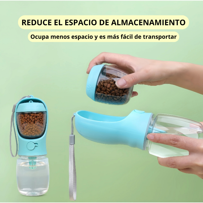 Botella de agua y comida para mascota.